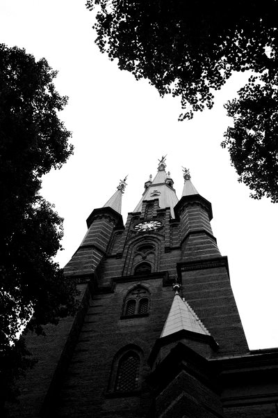 BW of gothic church in Stockholm Sweden